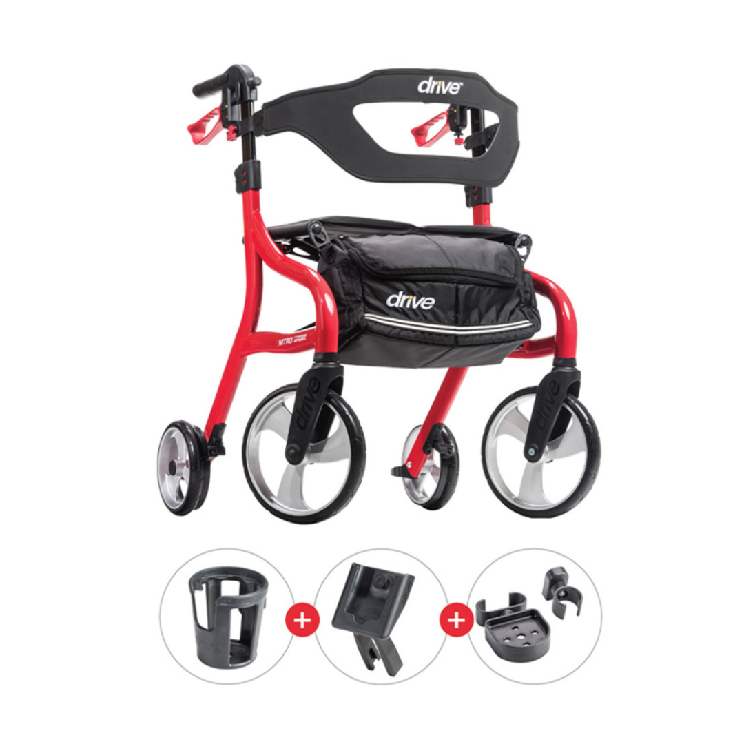 The Drive Nitro® Sprint Rollator with Accessory Bundle is a red, lightweight 4-wheel walker with a black seat, storage bag, and backrest. Includes three detachable accessories: cup holder, cane holder, and accessory mount.
